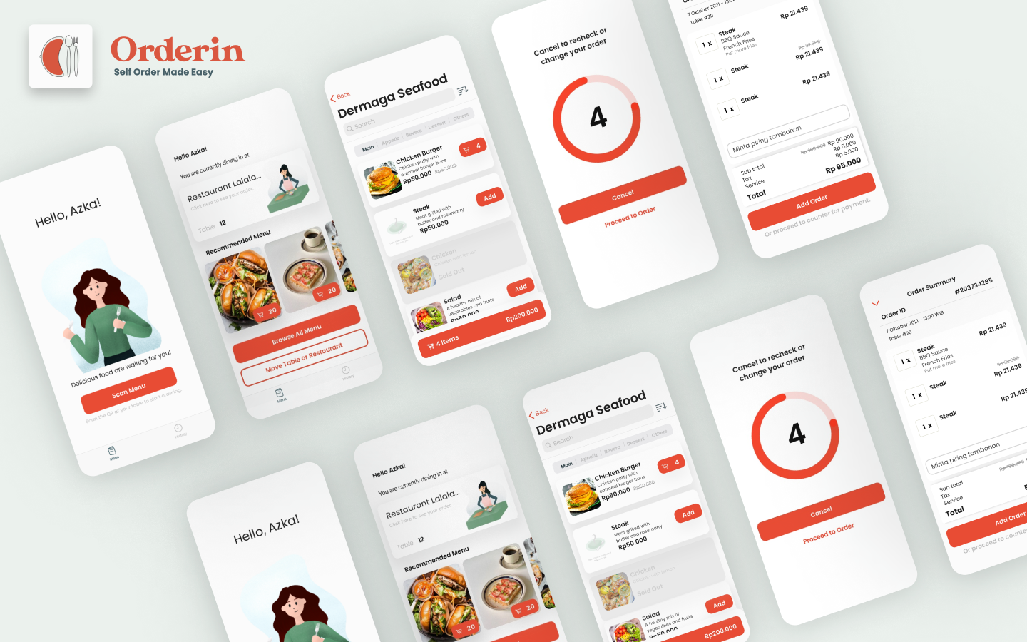 Orderin mobile screens for browsing a restaurant menu, placing an order, and managing order details.