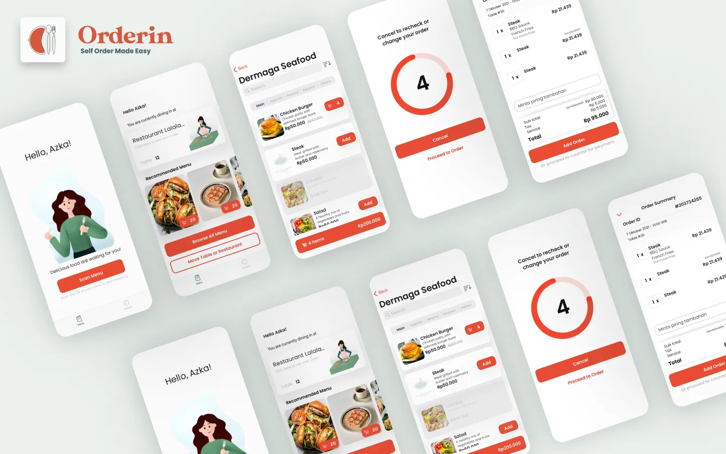 Orderin mobile screens for browsing a restaurant menu, placing an order, and managing order details.