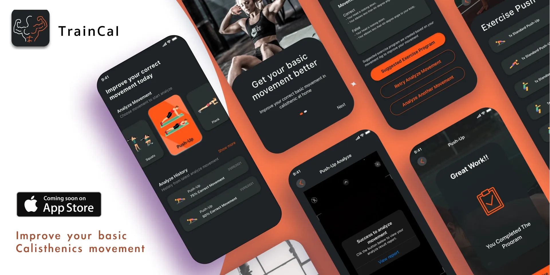 TrainCal screens for movement analysis, exercise programmes, and workout tracking.