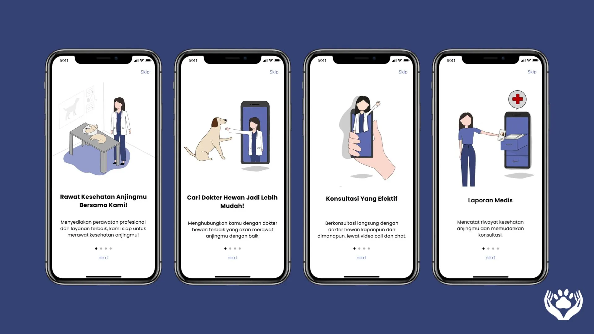 Prevet onboarding screens for dog health care, veterinarian discovery, effective consultations, and medical reports