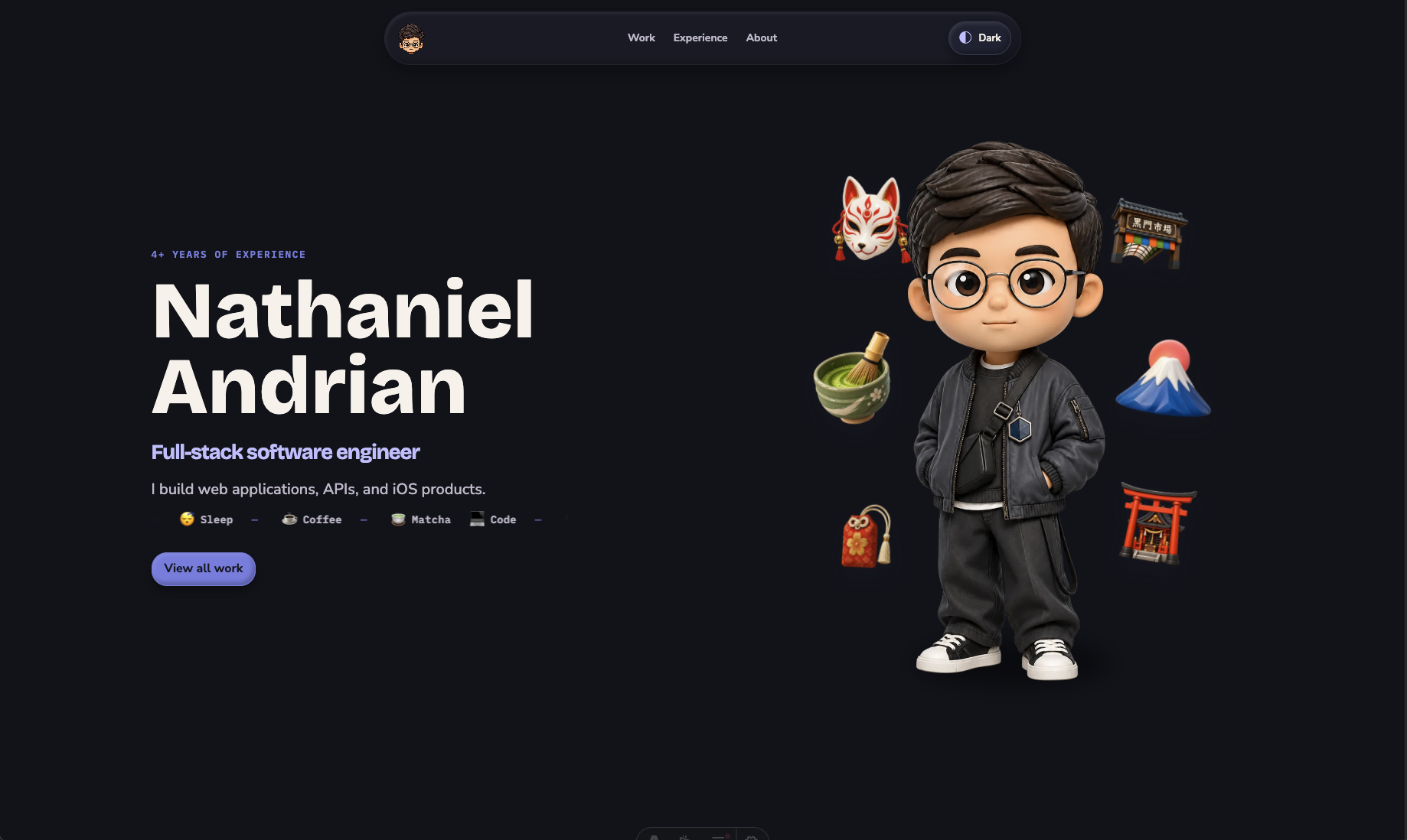 Screenshot of the niel.dev portfolio homepage with its dark visual system, responsive navigation, and developer persona.