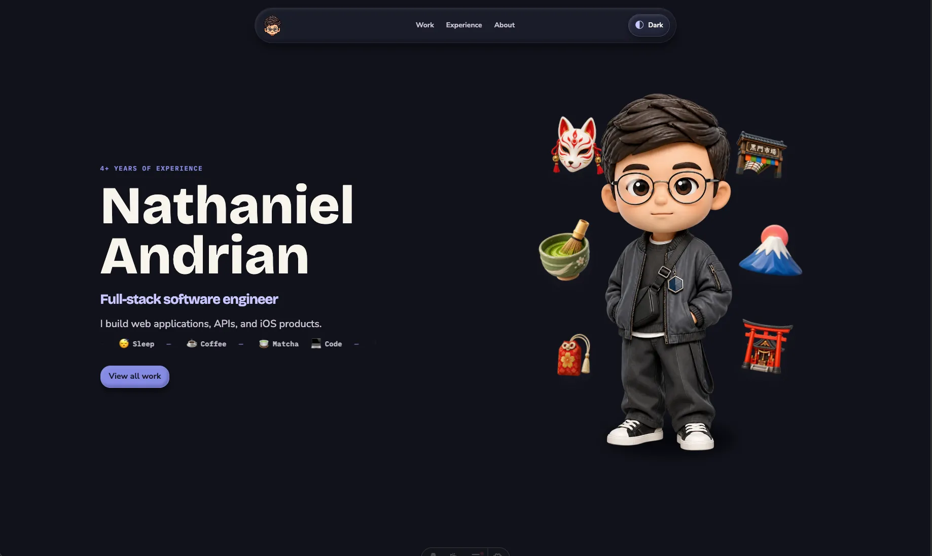 Screenshot of the niel.dev portfolio homepage with its dark visual system, responsive navigation, and developer persona.
