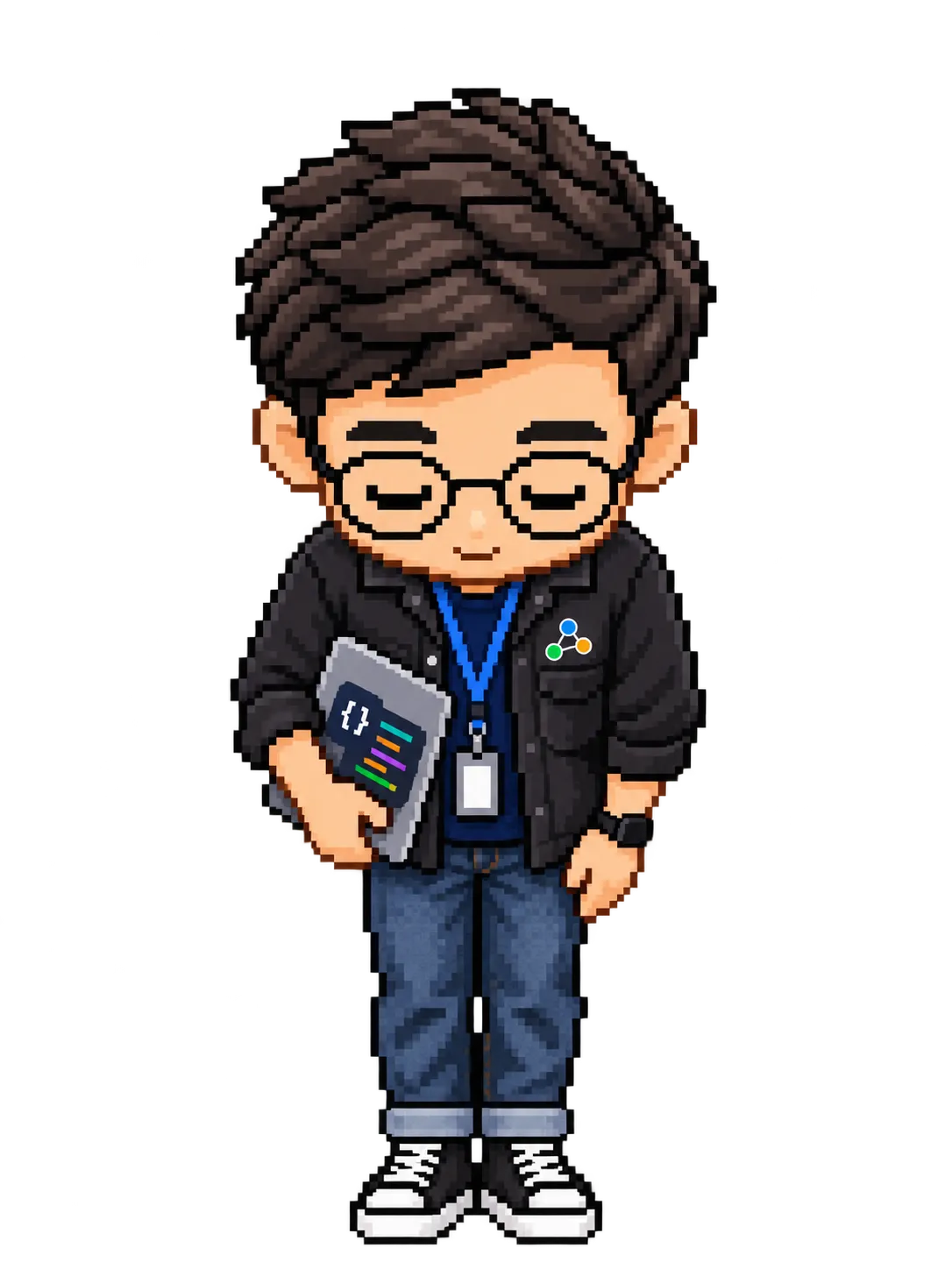 Pixel-art Niel character wearing glasses, a dark jacket, and an ID badge while holding a code tablet