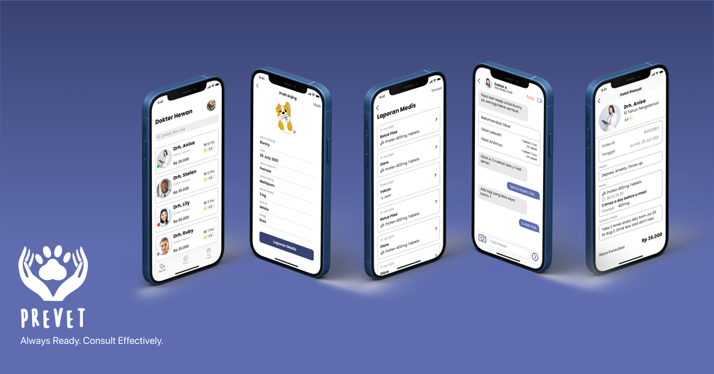 Prevet mobile screens for vet discovery, pet records, medical reports, and consultations.