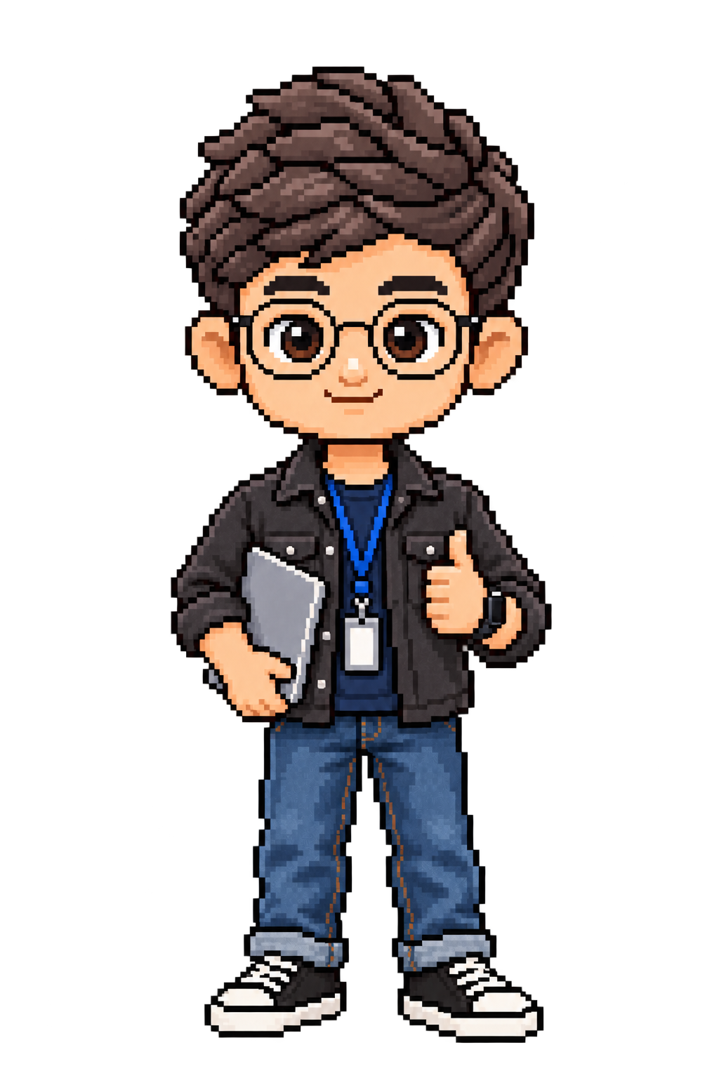 Pixel-art portrait of Niel wearing glasses, a black jacket, and an ID badge.